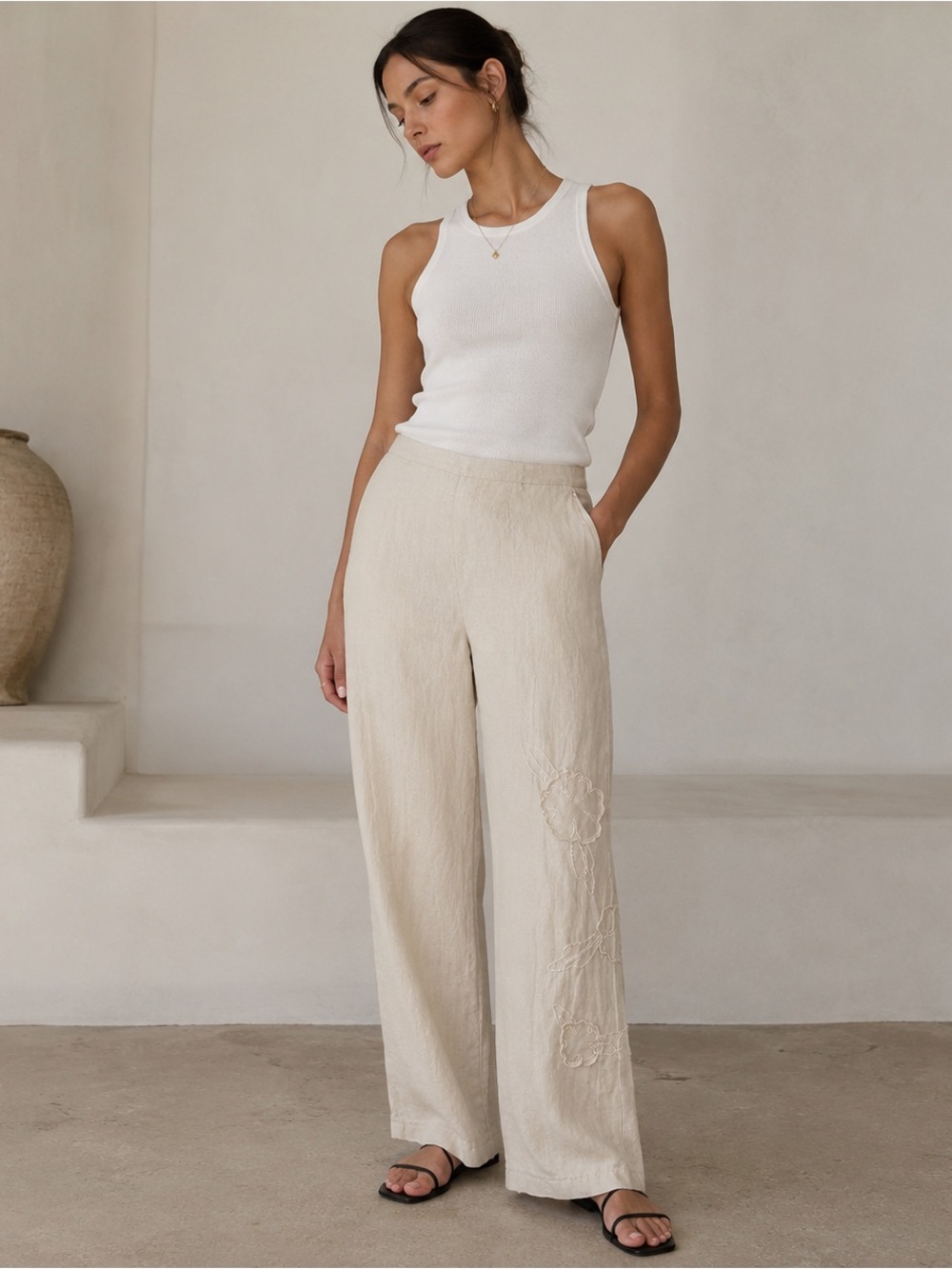 NAF NAF Beige 100% Linen Floral Appliqué Quiet Luxury Wide Leg Pants Size 42